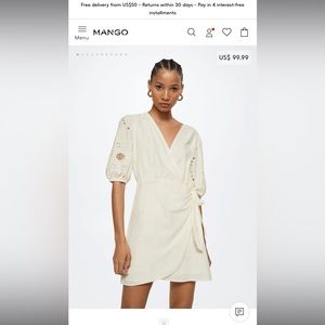 Mango Cream Wrap Mini Dress with Eyelet Puff Sleeves